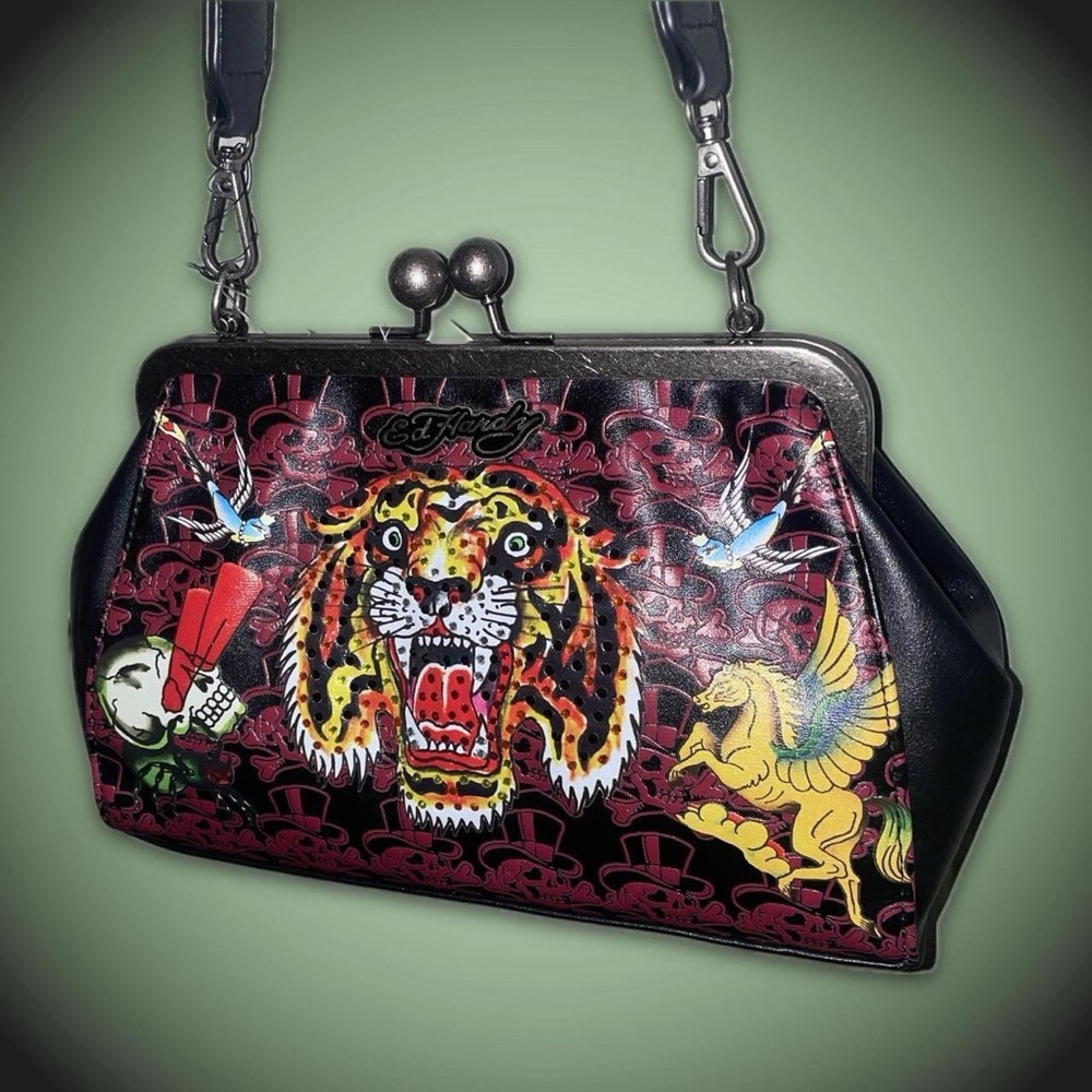 Ed Hardy Black Clutch with Multicolor Tiger and Tattoo Graphics